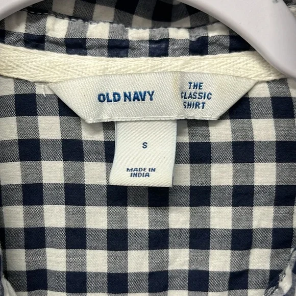 Old Navy The Classic Short Navy Blue Gingham Check Cotton Button Down Small - Picture 3 of 7
